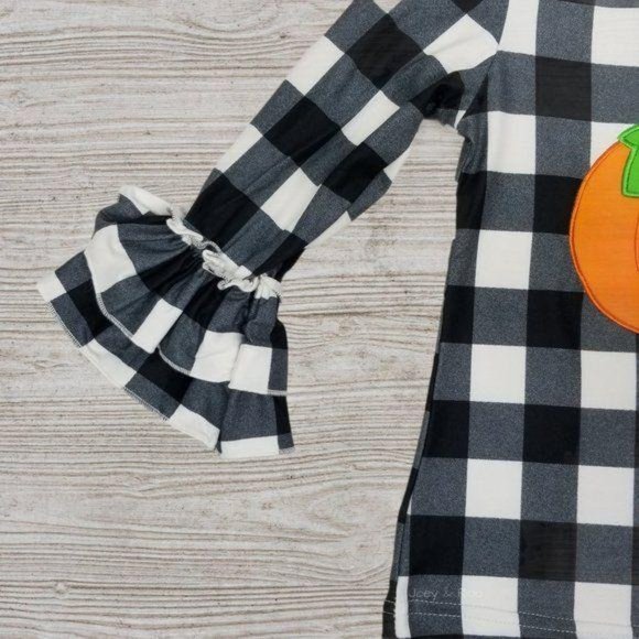 Checkered Pumpkin Bell Sleeve Distressed Jeans Set - Picture 4 of 8